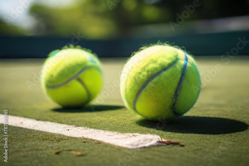 selective focus of Tennis Balls in a row on the court © Amien19