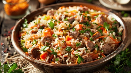 Tasty Pilaf A Hot and Flavorful Dish with Meat Rice Vegetables and Spices