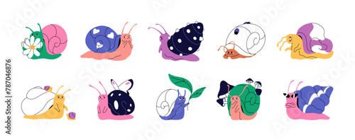 Happy and sad snails set. Slugs with patterned coiled shells. Cute snailfishes with butterfly, ladybugs. Gastropods with different emotions. Flat isolated vector illustration on white background