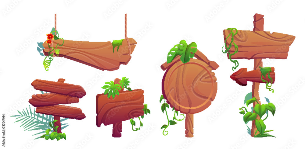 Obraz premium Forest wood sign board frame for game cartoon. Jungle wooden signboard ui vector icon. Tropic arrow billboard template with grass, vine and flower. Cute level label isolated interface element set