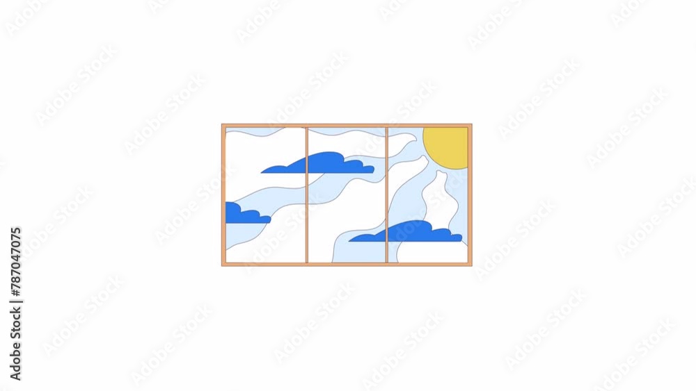 Bright sun and floating clouds line 2D object animation. Nice weather outdoors flat color cartoon 4K video, alpha channel. Inspiring view through room window animated item on white background Bright sun and floating clouds line 2D object animation. Nice weather outdoors flat color cartoon 4K video, alpha channel. Inspiring view through room window animated item on white background