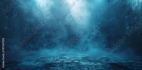 Wallpaper Mural Empty stage with blue smoke rising from a textured ground, illuminated by light beams piercing through the dark atmosphere. Torontodigital.ca