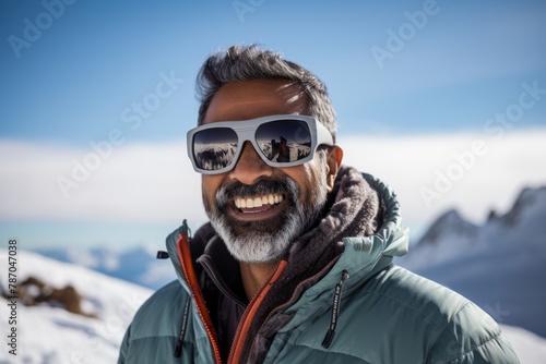 Portrait of a grinning indian man in his 40s wearing a trendy sunglasses on pristine snowy mountain