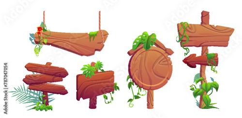 Forest wood sign board frame for game cartoon. Jungle wooden signboard ui vector icon. Tropic arrow billboard template with grass, vine and flower. Cute level label isolated interface element set © klyaksun