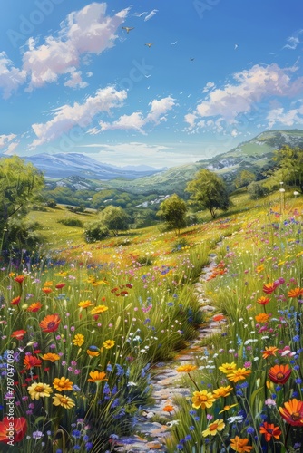 A vibrant painting depicting a path winding through a field of wildflowers in full bloom.