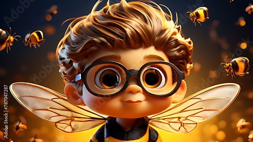 Winged Wonders: Children with Glasses and Wings, Buzzing with Bee-like Energy photo