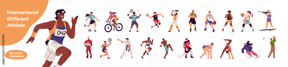 Fototapeta Different sportsmen, sportswomen play games set. Athletes of various sports: swimming, skiing. Football, basketball, tennis, ice hockey players. Flat isolated vector illustration on white background