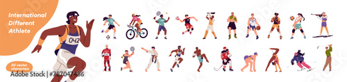 Different sportsmen, sportswomen play games set. Athletes of various sports: swimming, skiing. Football, basketball, tennis, ice hockey players. Flat isolated vector illustration on white background