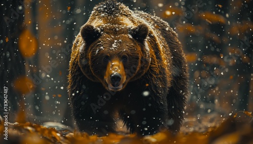 A terrestrial carnivore, the brown bear, is strolling through the snowy woods. Resembling a grizzly bear, it has a sculpted snout like big cats