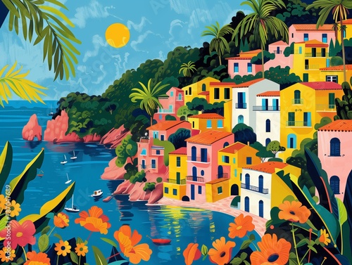 Digital illustration of Italian riviera, flat colors