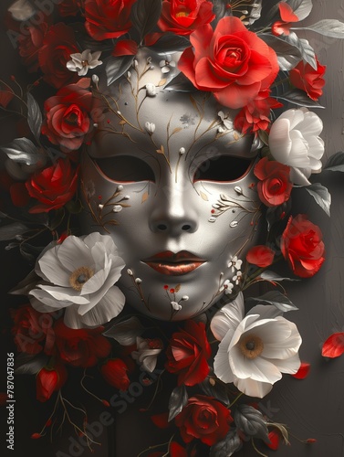 Silver mask with red gems, flowers, black background