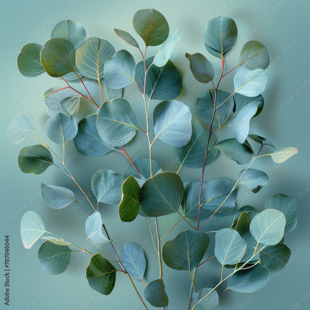 A eucalyptus oil leaves with new pattern, one finer, match color background. Generative AI. A eucalyptus oil leaves with new pattern, one finer, match color background. Generative AI.