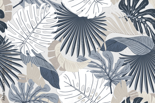 Floral seamless pattern, colorful leaves, monstera on a light gray background, vector illustration © andrei