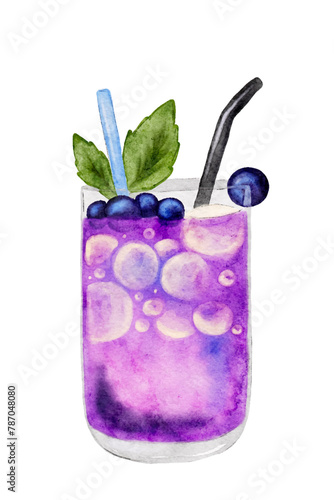 Watercolor summer cocktail blueberry with green mint leaves and straw, purple drink with bubbles. Hand drawing, not AI