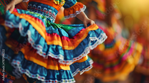 Emphasize the celebration of Cinco de Mayo with a focus on vibrant clothing and traditional Mexican dance forms