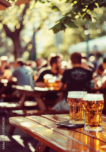 Glasses of beer on a table of a Bavarian beer garden with happy people in the background enjoying the company, the drink and the fine  weather