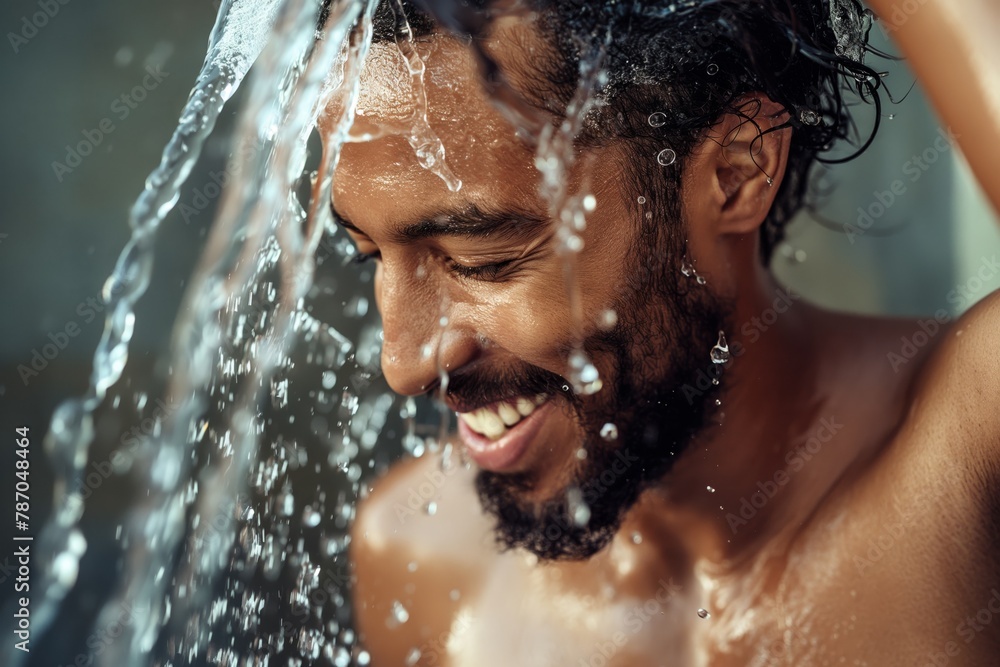 A smiling man enjoying a refreshing post-workout shower to cool down and rinse off after exercise, feeling happy and relaxed while taking a moment for his well-being and skin care
