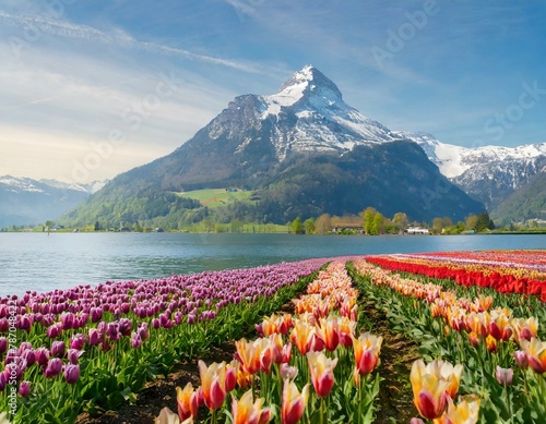 Colorful tulip field with a lake and a snow-capped mountain in the background,  © Roberto