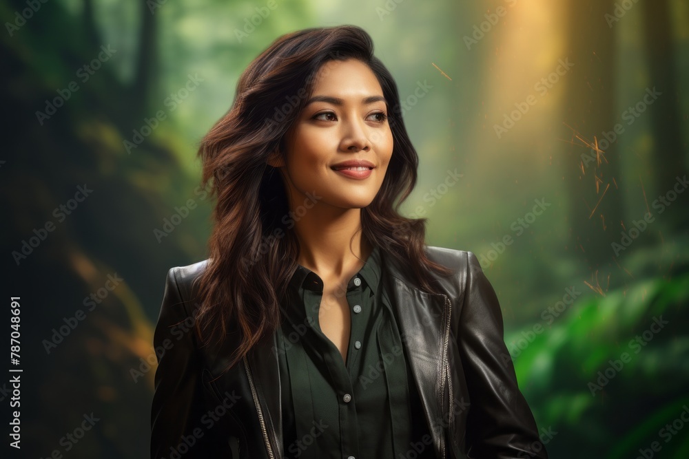 Portrait of a grinning asian woman in her 20s sporting a stylish leather blazer on backdrop of a mystical forest Portrait of a grinning asian woman in her 20s sporting a stylish leather blazer on backdrop of a mystical forest