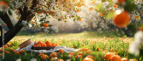 Picnic at blooming oranges or tangerine garden. Cute Wicker basket with citrus fruits,meal, beverage, tablecloth on the grass. Outdoors rest. Vacation on the nature. Generative ai © Inai