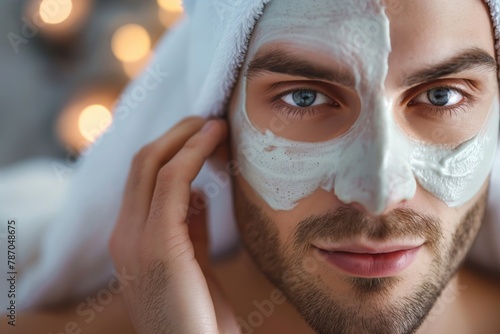 Close-up of a young man with a moisturizing face mask, pampering himself at home
