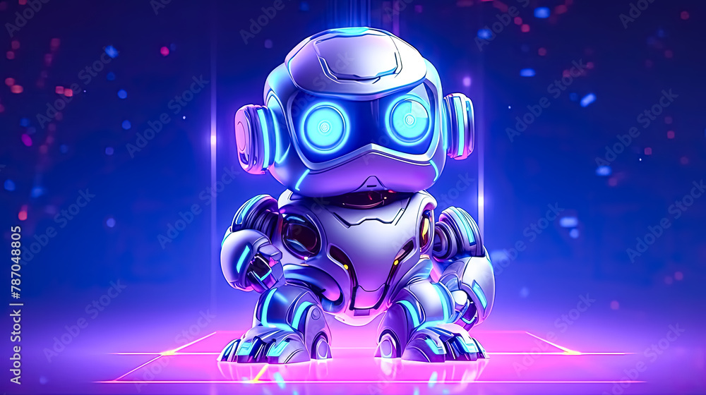 A robot is standing on a purple background A robot is standing on a purple background