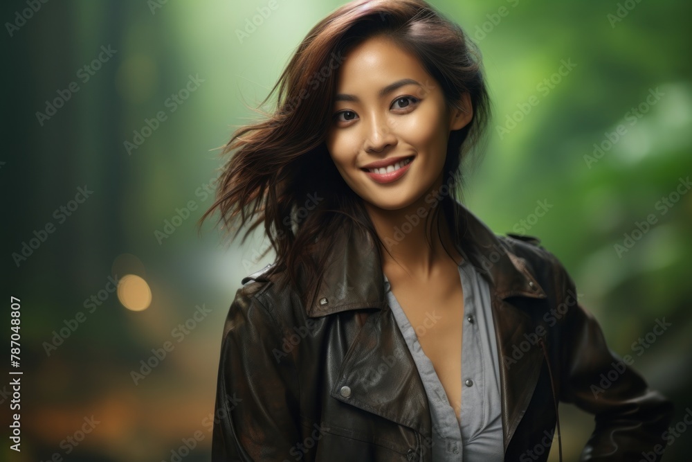 Portrait of a grinning asian woman in her 20s sporting a stylish leather blazer on backdrop of a mystical forest Portrait of a grinning asian woman in her 20s sporting a stylish leather blazer on backdrop of a mystical forest