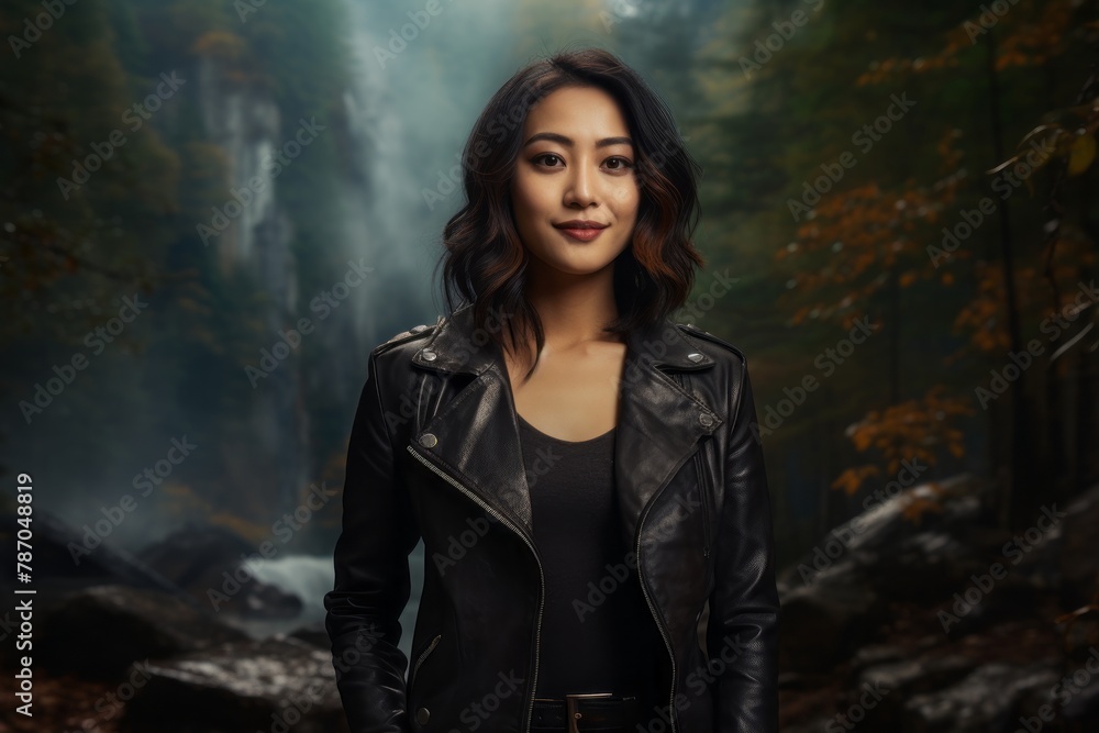 Fototapeta premium Portrait of a grinning asian woman in her 20s sporting a stylish leather blazer in front of backdrop of a mystical forest