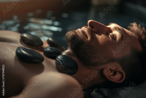 Close-up of a content man enjoying a soothing hot stone massage in a tranquil spa setting