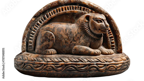 A lion statue is sitting on a stone base, White background or transparent background