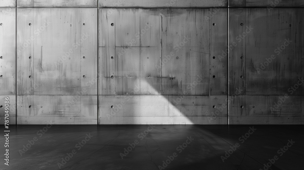A large, empty room with a wall of concrete and a row of lights A large, empty room with a wall of concrete and a row of lights