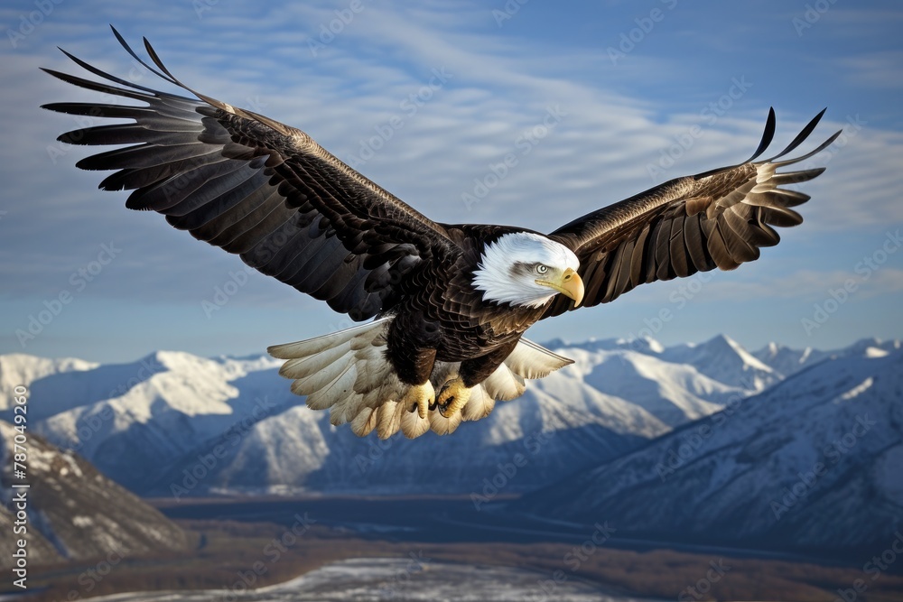 Obraz premium The eagle is a patriotic symbol of America, USA. Eagle flying on the background of mountains and canyon