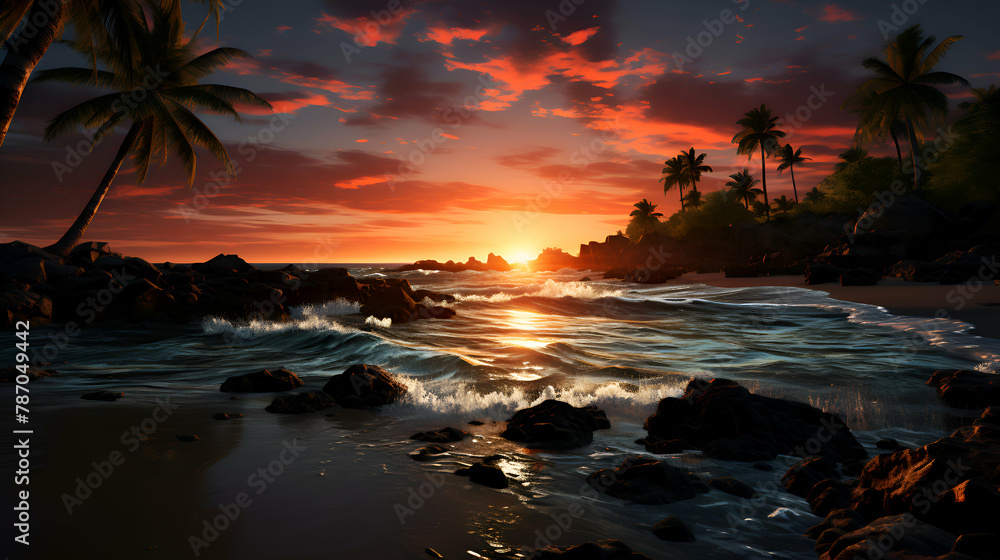 Tropical beach with palm trees at sunset. 3d render