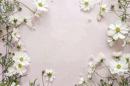 Elegant Pink Background with White Cosmos Floral Frame - Minimalist Web Banner with Copy Space © ZY