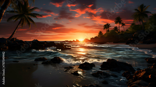 Tropical beach with palm trees at sunset. 3d render