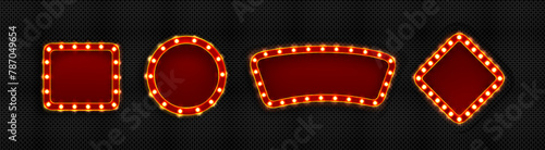 Retro show signs set isolated on transparent background. Vector realistic illustration of red square, round, rhombus frames decorated with light bulbs illumination, blank banner for game ui design