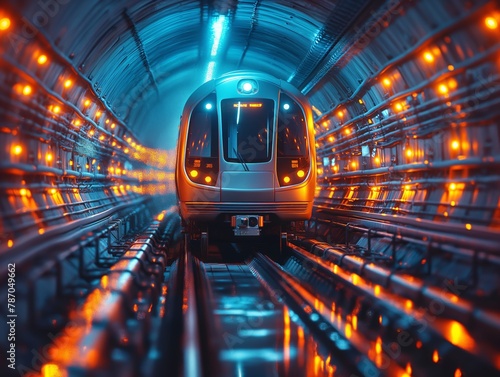 Subway train travels through a blue-black tunnel, emitting orange light