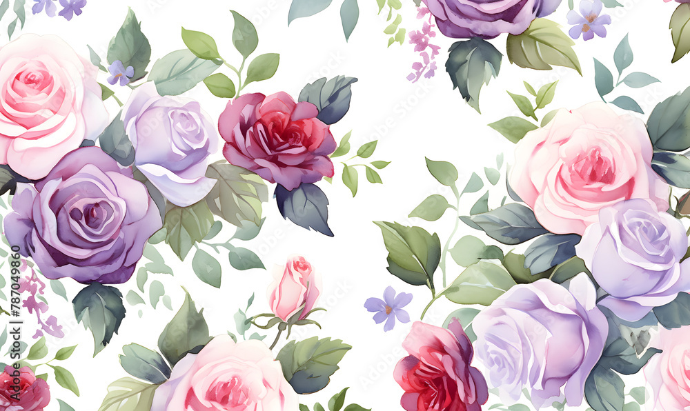 Pattern of purple and red roses, green leaves, watercolor, Generative AI Pattern of purple and red roses, green leaves, watercolor, Generative AI