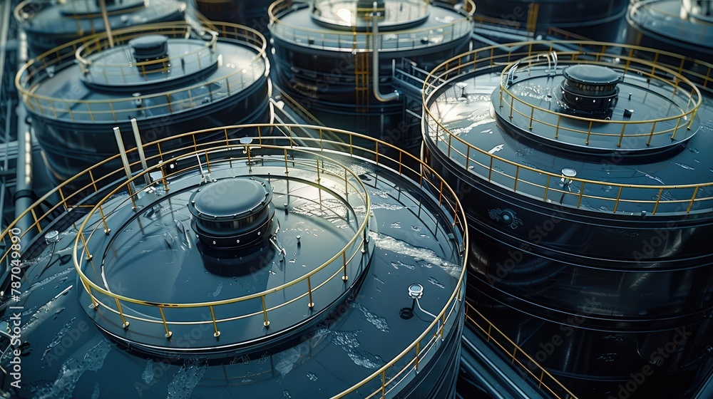 Top view of large commodity tanks at industry area, the focus is the lids of the tanks, modern and new lids. Generative AI. - obrazy, fototapety, plakaty 