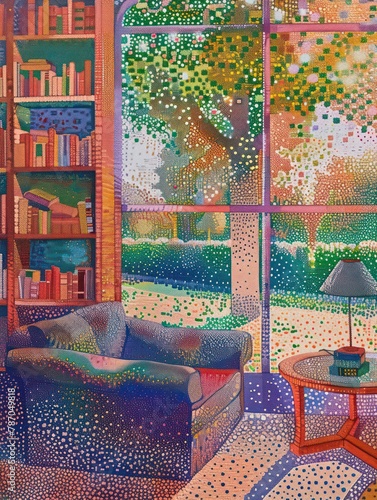 Pointillist painting showcasing a vibrant, colorful interior with a couch, bookshelf, and a view of a tree through a window © Matthew