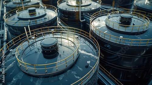 Top view of large commodity tanks at industry area, the focus is the lids of the tanks, modern and new lids. Generative AI. © visoot