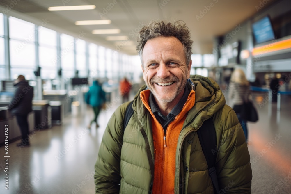 Portrait of a grinning man in his 50s wearing a trendy bomber jacket isolated on bustling airport terminal Portrait of a grinning man in his 50s wearing a trendy bomber jacket isolated on bustling airport terminal