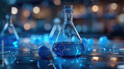 Biochemistry, flask with shiny blue liquid, molecules. Generative AI.