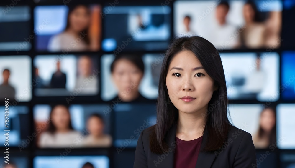 Latina woman in her 40s with dark hair, in front of a blurred background featuring multiple screens showing various people in a modern office