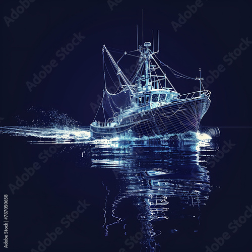 A fishing vessel navigates the open sea with nets and equipment, highlighting maritime tradition and sustainable seafood practices in the commercial fishing industry