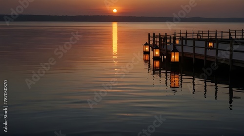 Silhouete of retro lanterns outdoor during beautiful sunset over the sea.generative.ai photo