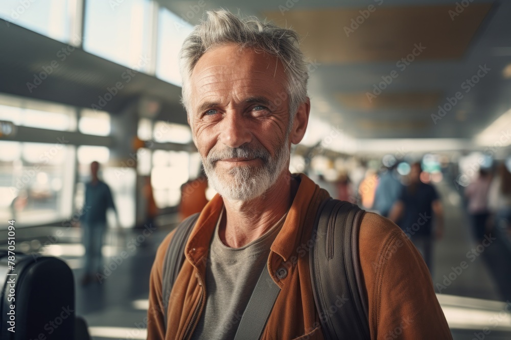 Portrait of a tender man in his 60s dressed in a casual t-shirt isolated on bustling airport terminal Portrait of a tender man in his 60s dressed in a casual t-shirt isolated on bustling airport terminal