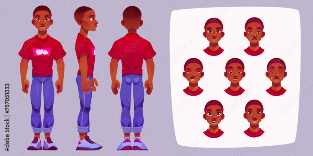 Naklejka premium Young african man character constructor with standing person front, side and back view and head with different face emotions. Cartoon vector illustration set of guy avatar animation generator kit.