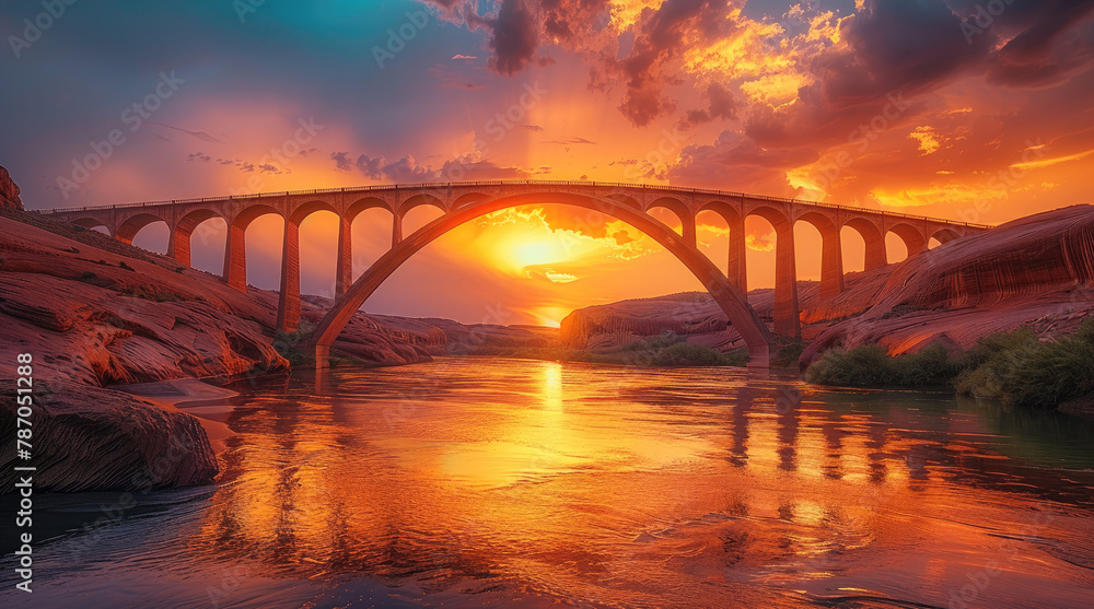 Naklejka premium Rainbow Bridge sunset, landscape design. Generative AI.