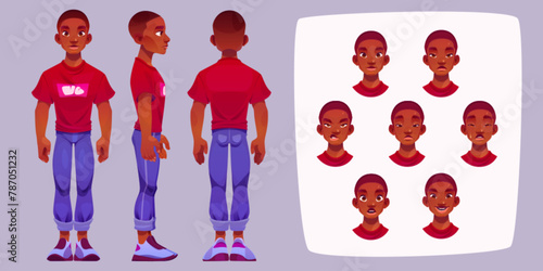 Young african man character constructor with standing person front, side and back view and head with different face emotions. Cartoon vector illustration set of guy avatar animation generator kit. © klyaksun
